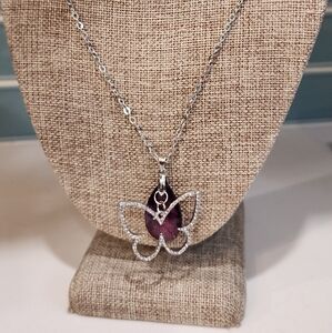 Silver Purple Crystal & Rhinestone Butterfly Pendant Necklace